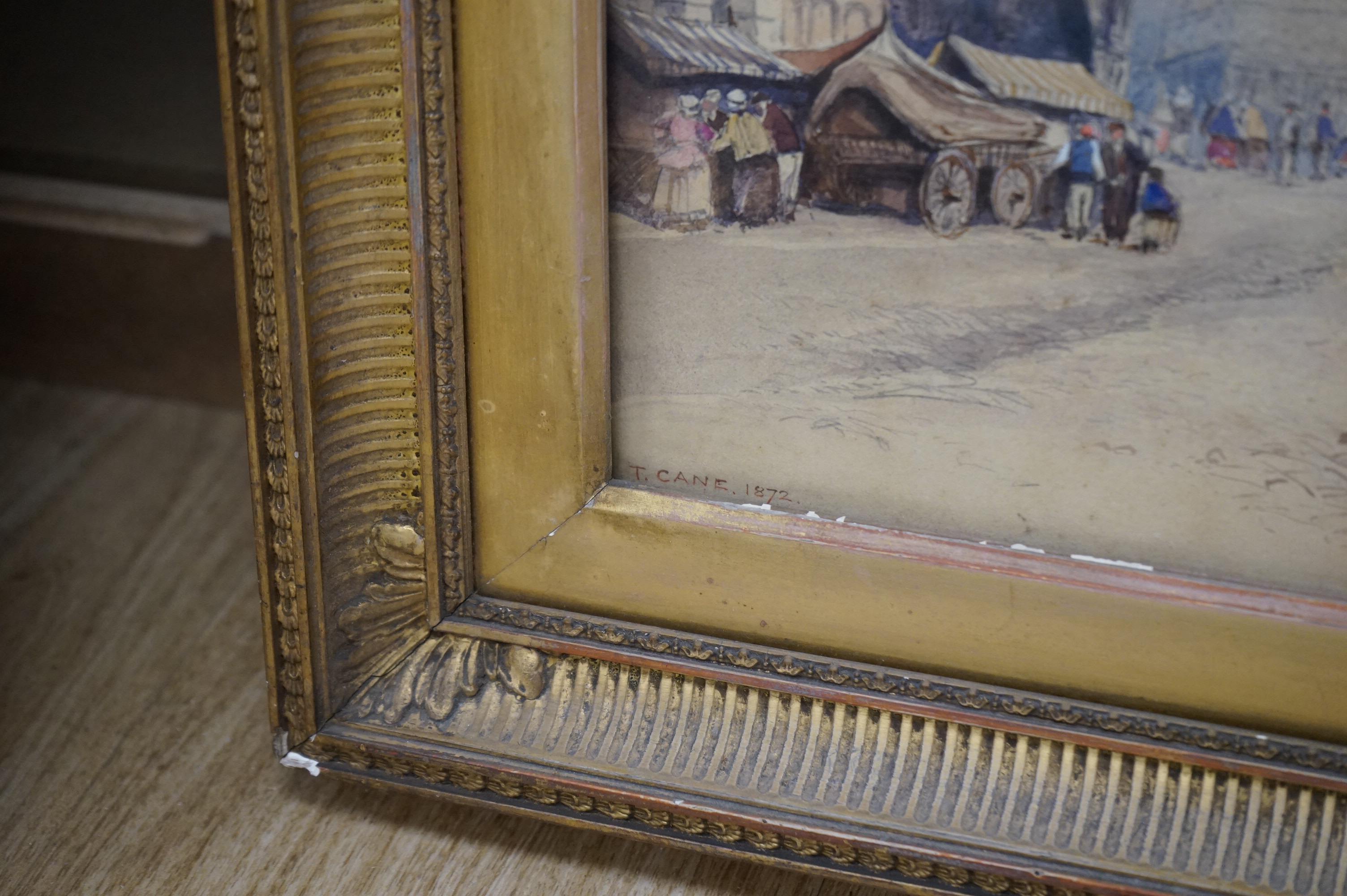 Thomas Cane (1830-1905), watercolour, The market square in Trier, Germany, signed and dated to the lower left corner 1872, 41cm x 56cm, in a late 19th century gilt frame